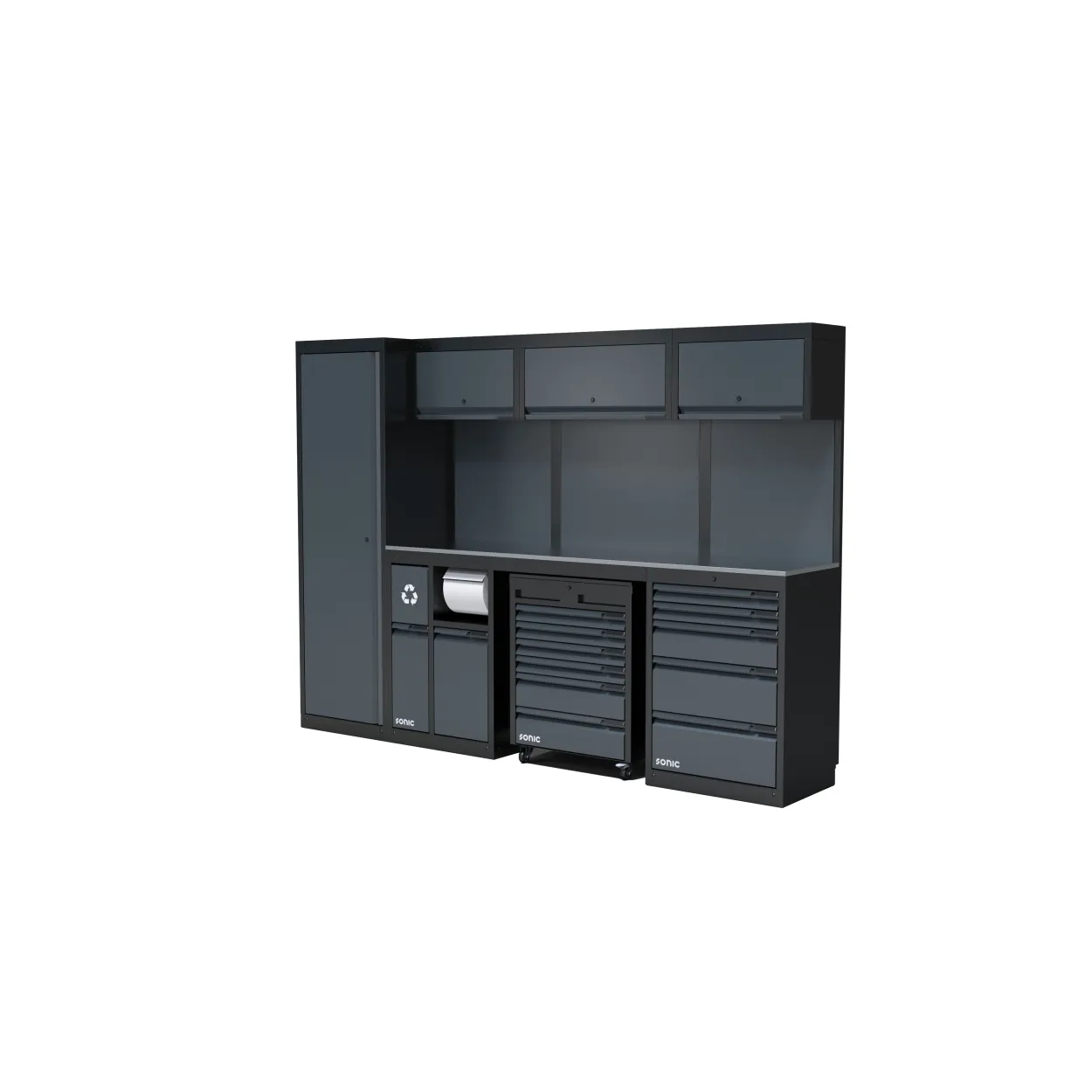 NEXT MSS Schrankwand Edelstahl-Arbeitsplatte hoch 2803mm – 4 module bridge unit
